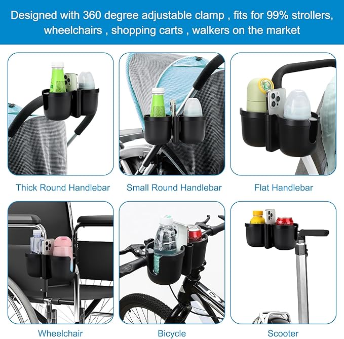 Accmor Stroller Cup Holder with Phone Holder, Universal Cup Holder for Uppababy Nuna Doona Strollers, 2-in-1 Bottle Phone Holder for Bike, Wheelchair, Walker, Scooter-CubbioJoy