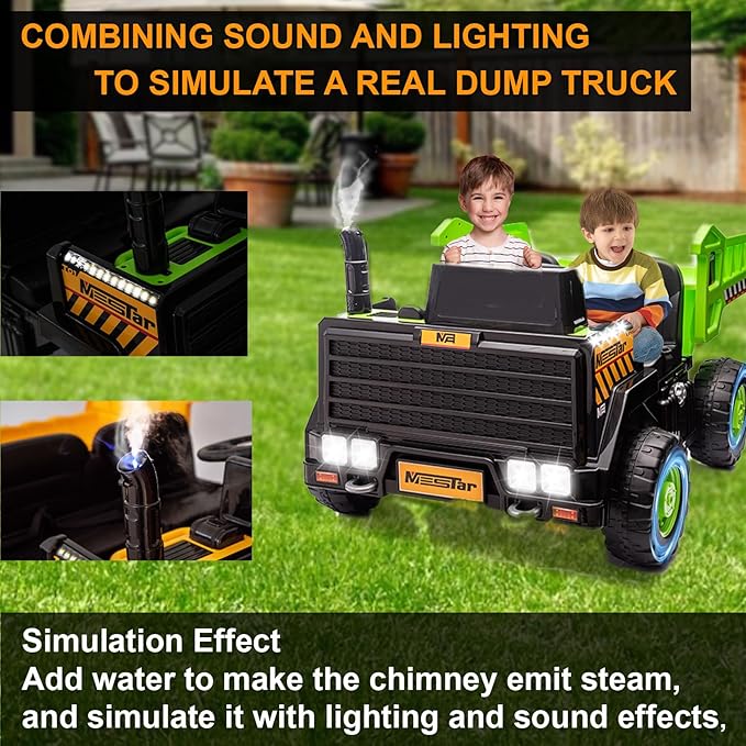 24V Ride On Dump Truck, 24inch-2 Seater Ride On Car for Kids w/Remote Control 4WD/2WD Up to 5 Mph, 24v Ride on Toys for Big Kids w/Electric Dump Bed Extra Shovel Traffic Cones (Green)-CubbioJoy