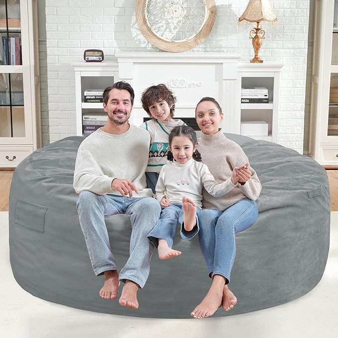 6FT Bean Bag Chair, Large Bean Bag Chairs with Memory Foam Filled, Fluffy Beanbag Sofa with Dutch Velvet Cover, Round BeanBag Chairs for Living Room, Playroom - Light Grey-CubbioJoy