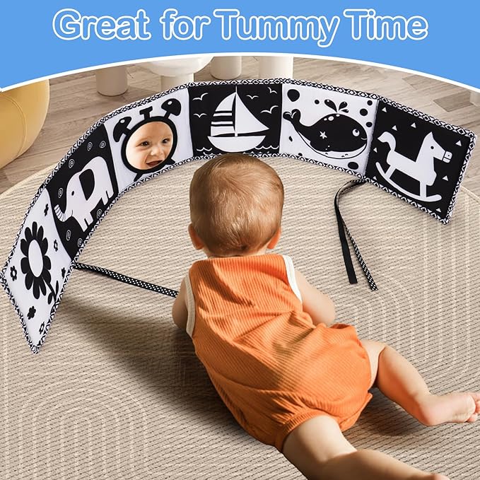Black and White High Contrast Toys for Baby 0-3 3-6 Months Infant Tummy Time Soft Book Sensory Musical Toy 0-2-4-6 Month Babies Brain Development Montessori Crinkle Book Mirror Newborn Shower Gifts-CubbioJoy