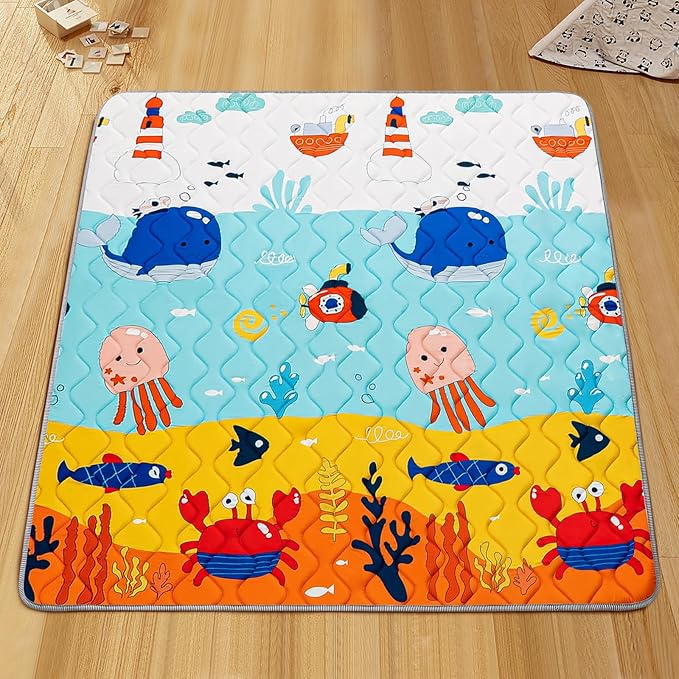 Baby Play Mat - Thicken 50x50 Inch Soft Foam Crawling Mat for Playpen & Floor, Non-Slip Waterproof Playmats for Infants & Toddlers, Portable Foldable & Machine Washable, Ocean World-CubbioJoy