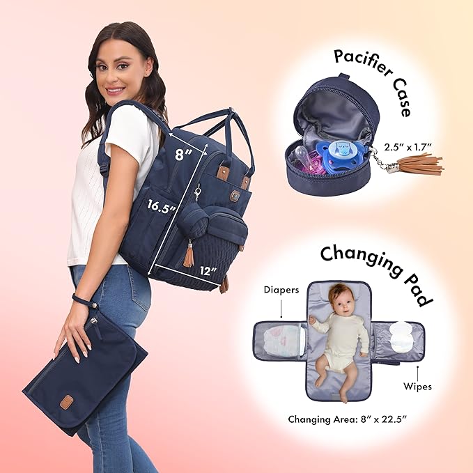 Dikaslon Diaper Bag Backpack with Portable Changing Pad, Pacifier Case and Stroller Straps, Large Unisex Baby Bags for Boys Girls, Multipurpose Travel Back Pack Moms Dads, Navy Blue-CubbioJoy