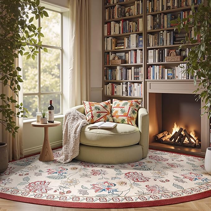 jinchan Floral Corner Rug for Living Room Washable Bedroom Rug Vintage Romance Design Non Slip Quarter Circle Lightweight Low-Pile Throw Carpet for Reading Nook Playroom,8ft Radius, Red/Beige-CubbioJoy
