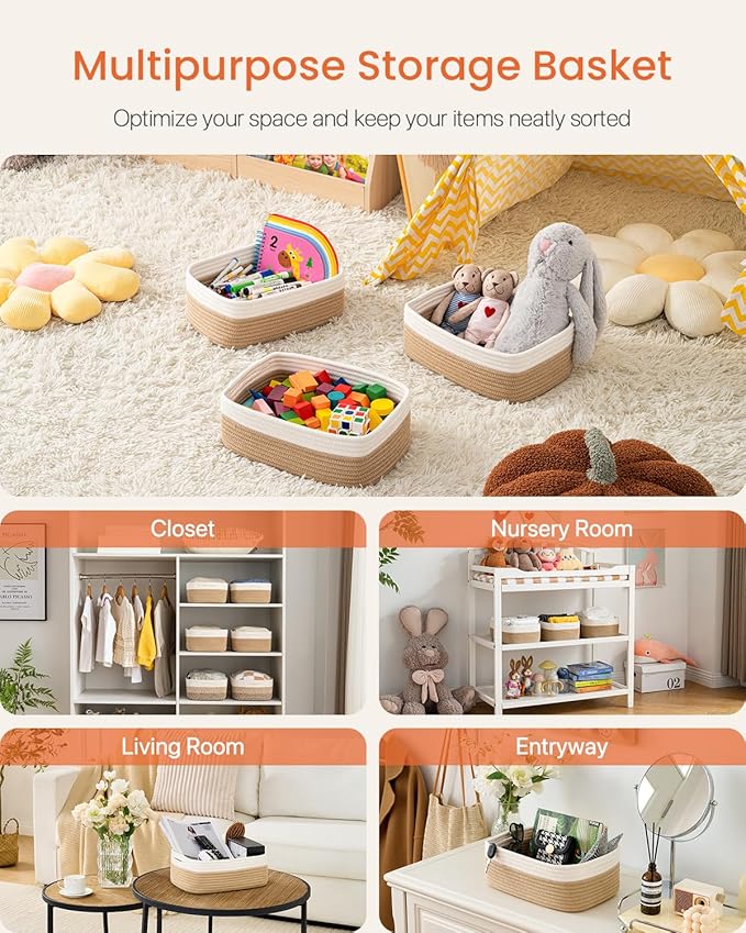 KALLAX Small Woven Basket, 12 x 8 x 4.5 Inches, Storage Basket for Organizing, Cute Small Rope Shelf Closet Cube Storage Bins Baskets for Shelves, Dog Toy Gift Baskets Empty, 3 Pack White & Brown-CubbioJoy