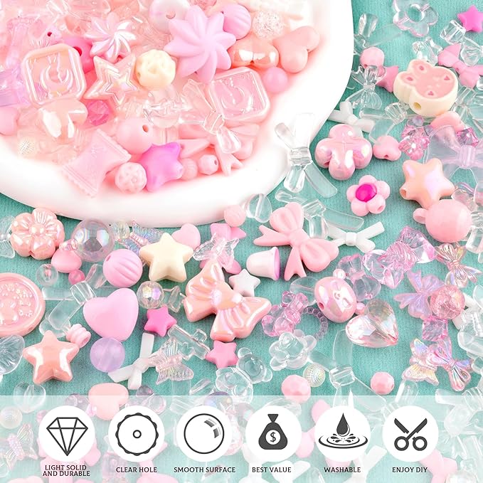 Assorted 170-230PCS Pink Acrylic Beads for Bracelet Making, Flower Bow Butterfly Candy GummyBear Aesthetic Bracelet Charms,Cute Beads for Jewelry Making DIY Necklace Keychain Phone Charm-CubbioJoy