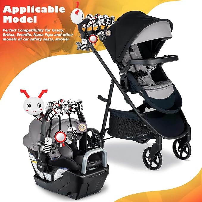 Car Seat Toys for Babies, 0-6 Months Stroller Activity Black White Baby Spiral Plush Toys Newborn High Contrast Sensory Carseat Toys with 4 Pendants Hanging Boys Girls Gift-CubbioJoy