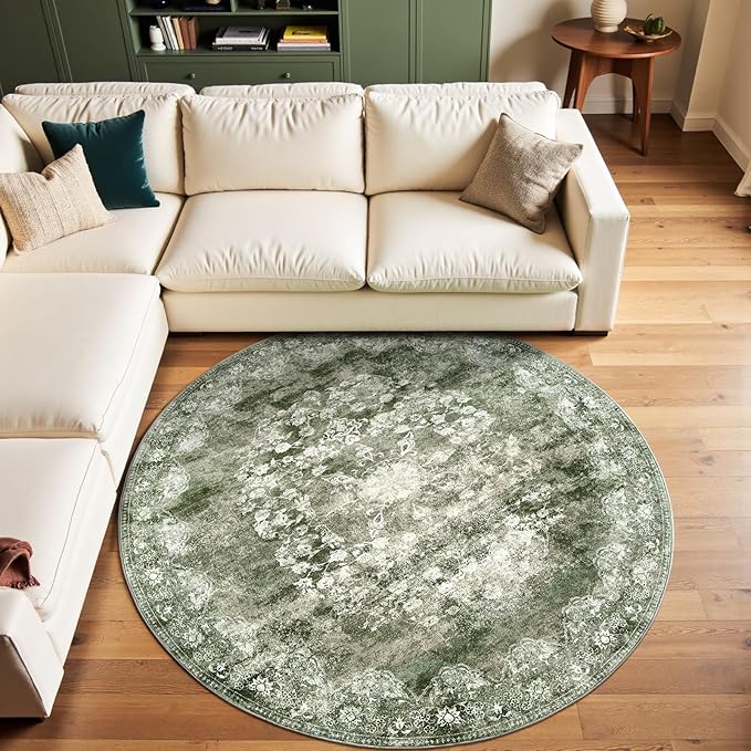 jinchan Round Rug 6ft Area Rug - Green Vintage Floor Mat Kitchen Indoor - Washable Circle 6' Thin Floral Print Carpet Retro Farmhouse Non Slip Dining Room Living Room Bedroom Office-CubbioJoy