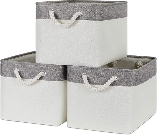 Bidtakay White Baskets with Cotton Rope Handles Decorative Storage Bins [3-pack] Fabric Bins for Organization Linen Closet Shelf Storage Baskets for Clothes Toys Towels 15 X 11 X 9.5 Inches-CubbioJoy