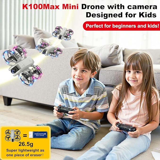K100Max Mini Drones With Camera For Kids And Begginers, Indoor Small Helicopter Plane Quadcopter With Screen Remote Controller, Gift Toy for Boys and Girls, Headless Mode, 2 Batteries(Gray)-CubbioJoy