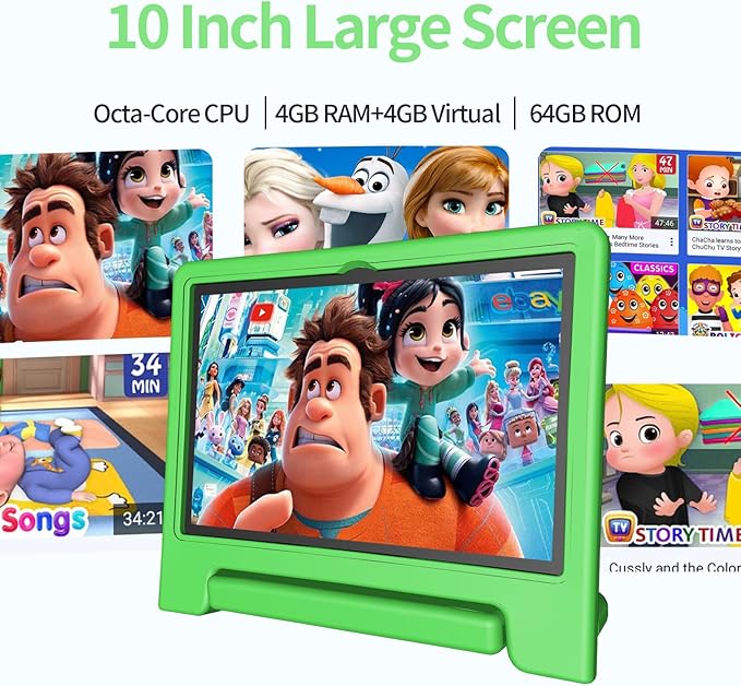 JREN Tablet for Kids｜10 Inch Kids Tablet Android 14｜Octa-core｜64GB｜WiFi ｜Bluetooth｜Parental Control｜Children Content｜Children Toddler Green-CubbioJoy