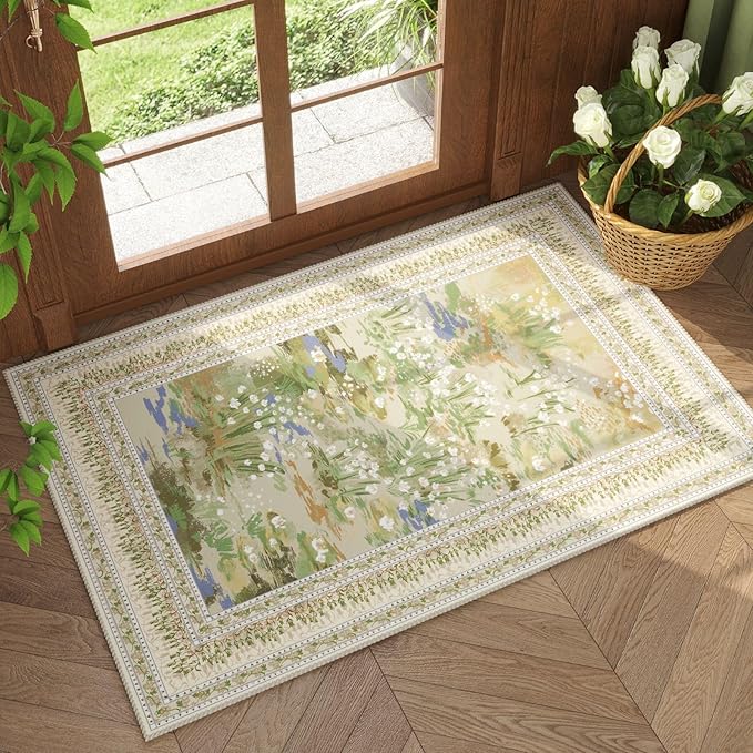 2x3 Rug Impressionist-Style Vintage Indoor Door Mat Machine Washable Small Area Rug Non-Slip Low Pile Throw Rugs for Entryway Kitchen Front Door Indoor Entrance Entry Kids Room, Beige-CubbioJoy