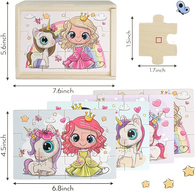 4-in-1 Princess Jigsaw Puzzles for Kids, Wood Puzzles for Kids Ages 3-5 48 Piece Wooden Puzzles for Toddlers 3-5, Wooden Puzzles for Toddlers, Essential Skills Gift for Girls Princesses-CubbioJoy