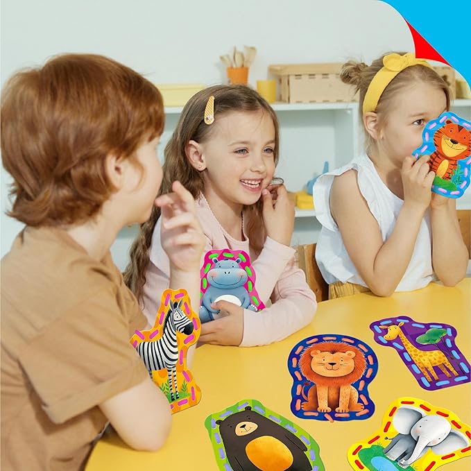 9 PCS Kids Lacing Cards, 9 Double Sided Wild Animals Sewing Cards with 9 Colorful Laces, Educational & Learning Toys for Preschoolers, Kids Ages 3+-CubbioJoy