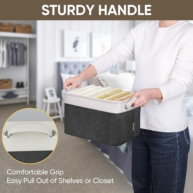 BALEINE 4 Pack Fabric Storage Bins for Shelves, Linen Storage Baskets for Organizing, Decorative Closet Bins for Clothes, Home (Black, 12"x8"x8")-CubbioJoy