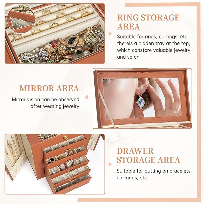 AKOZLIN Huge Jewelry Box Organizer Functional Large Leather Jewelry Storage Case for Women Girls Ring Necklace Earring Bracelet Holder Organizer with Mirror-CubbioJoy