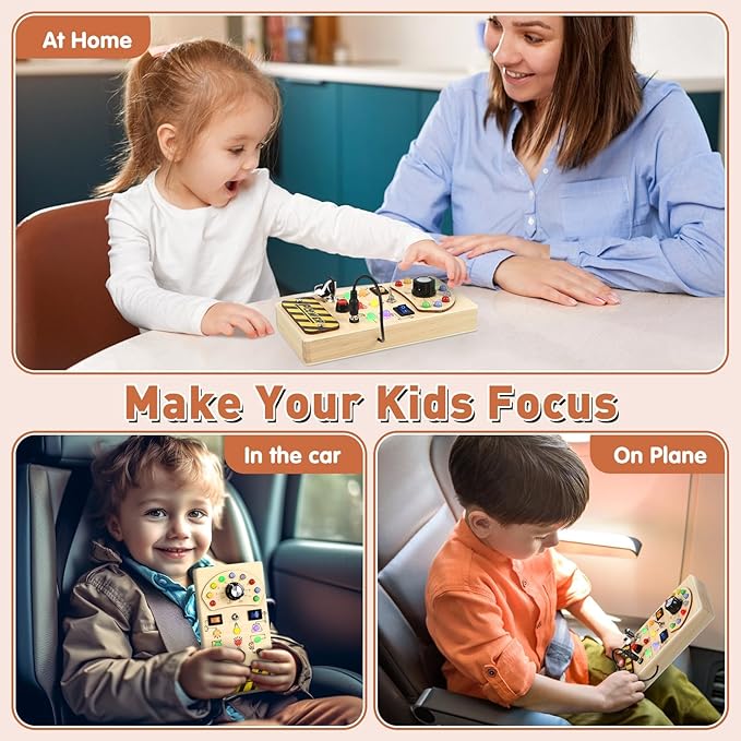 Joyreal Toddler Busy Board, Wooden Montessori Busy Board Sensory Board with LED Light Switch, Sensory Toys Baby Fidget Board Travel Toys for Toddler-CubbioJoy