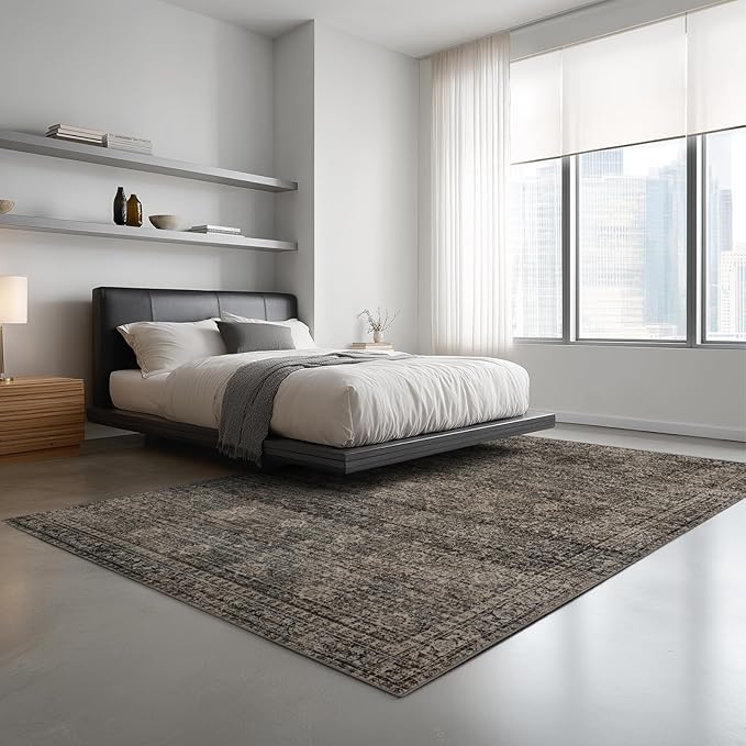 9x12 Area Rug Living Room Rugs, Stain Resistant Washable Rug, Vintage Large Non-Slip Backing, Low Pile Lightweight Print Rug for Bedroom Dinning Room Home Office (Brown)-CubbioJoy