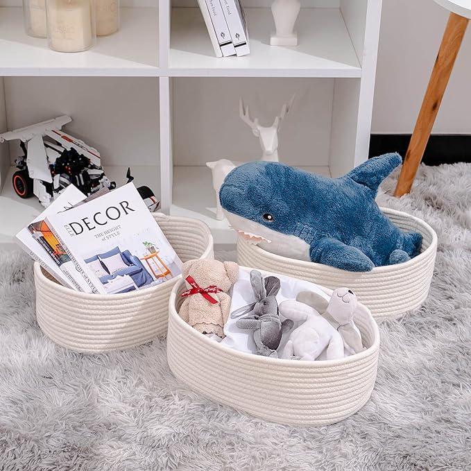 Baskets&Bins for Shelf Storage Organizing/Cute Basket to Store and Organize Household Items/Woven Rope Basket for Living Room, Bedroom,Playroom,3 Packs Off White-CubbioJoy