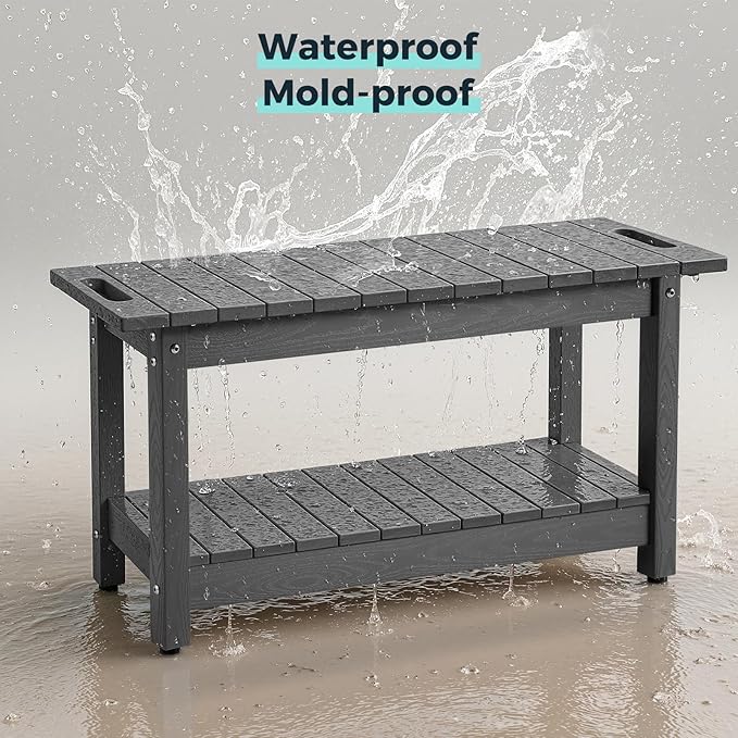 35" Shower Bench, Waterproof Poly Lumber Shower Stool for Shaving Legs, Shower Chair Seat Holds up to 400lbs, Bathroom Bench for Inside Shower, Non-Slip (Grey)-CubbioJoy