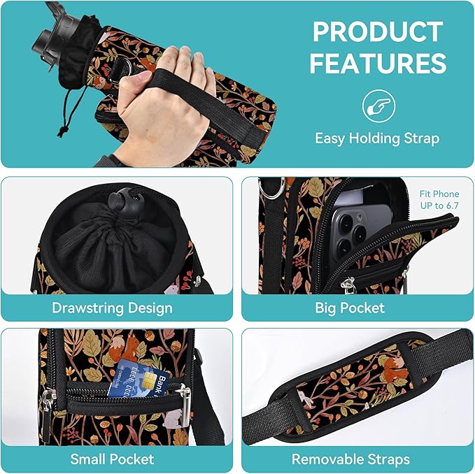 25/32/40/64oz Water Bottle Bag Holder Carrier-Insulated Crossbody Sling Case Sleeve with Strap & Pockets for Men Women Gym Cycling Travel Walking Hiking Camping-CubbioJoy