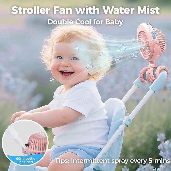 2025 Upgarded 4000mAh Misting Baby Stroller Fan, Rechargeable Battery Operated,Max 15Hrs Cooling,50ml Portable Water Sprayer Misting Fan with Flexible Tripod Clip on Car Seat Crib Treadmill Bunk Bed-CubbioJoy