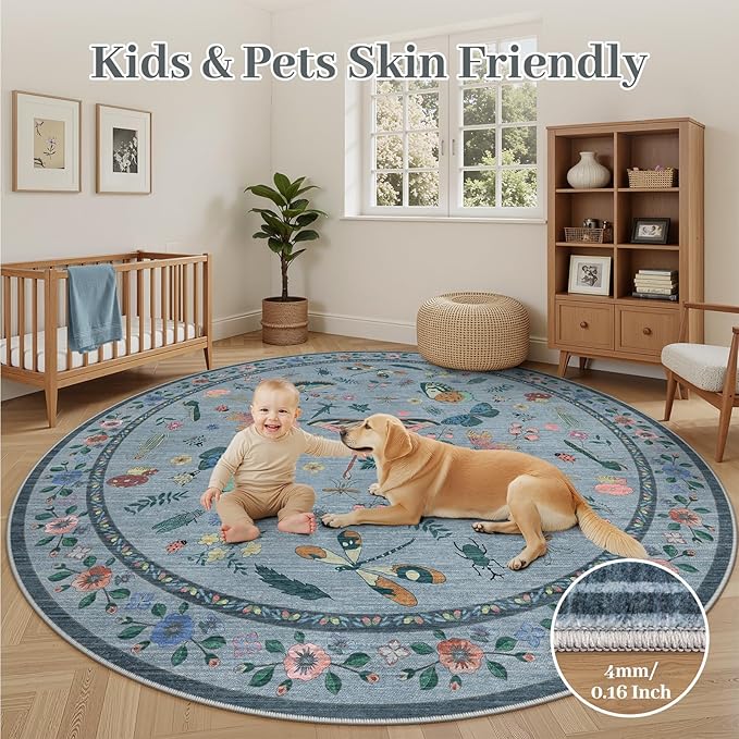 4ft Washable Round Rug - Bug Rugs for Living Room Non-Slip Low Pile Soft Ultra-Thin Machine Washable Circle Carpet for Bedroom, Entryway, Nursery, Kitchen, Home Office (4' Round Blue)-CubbioJoy