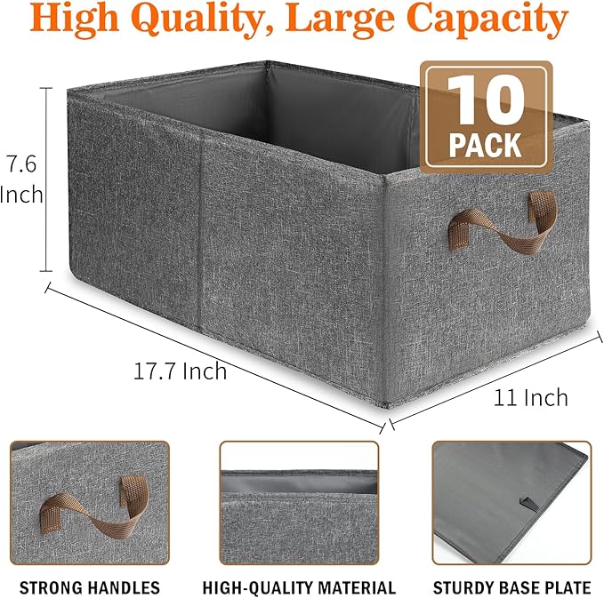 10 Pack Large Capacity Storage Bins, 25L Fabric Closet Organizer With Handles, Collapsible Baskets for Shelves, Clothing, Sheets, Books, Toys (Gray)-CubbioJoy