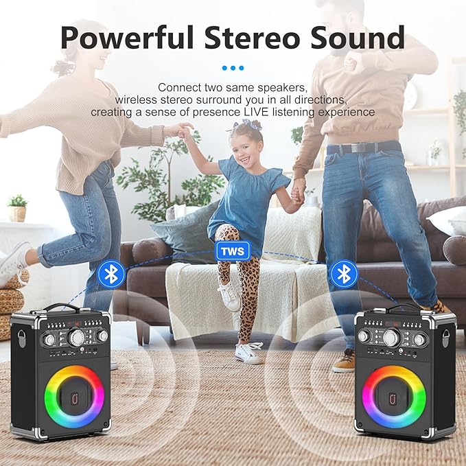 Karaoke Machine with 2 Wireless Microphones for Adults, Portable Bluetooth Party Speaker with Echo Adjustment, Singing Machine Support TWS/USB/TF Card/Guitar/TV Connected for Outdoor/Events etc-CubbioJoy
