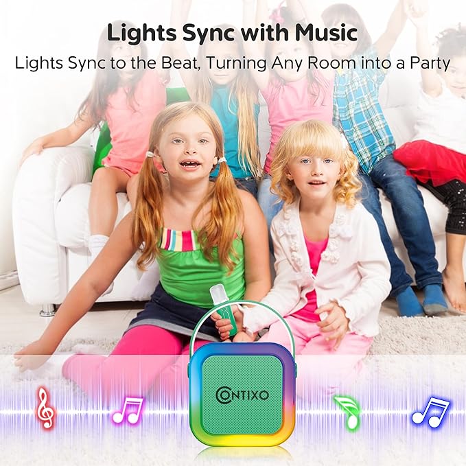 Contixo KS1A Kids Mini Karaoke Machine with LED Lights, 7–10H Playback, Dual Wireless Mics, Magic Voice Effects, Bluetooth Speaker for Children, Portable Singing Toy Gift for Boys & Girls, Green-CubbioJoy