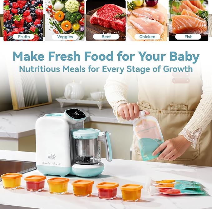 Chefhandy Baby Food Maker, Steamer & Blender, Puree Maker with Auto/Manual Blend, Steam Basket, Bottle Warmer & Sterili-zer, Compact Easy-to-Clean Baby Food Processor (White Blue)-CubbioJoy