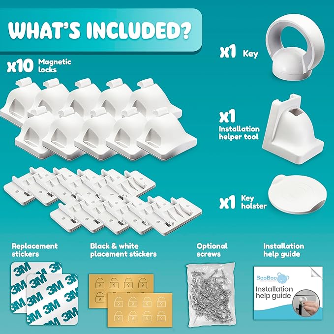 Booboo® Magnetic Child Safety Cupboard Locks for Children x10 Locks + x1 Key, Baby Proofing for Kitchen, Cabinets and Drawers, 30 Second Install No Drilling 3M Adhesive (10 Pack)-CubbioJoy