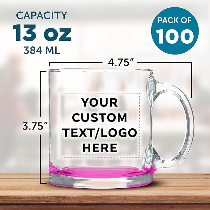 Custom Libbey Clear Glass Coffee Mugs 13 oz. Set of 100, Personalized Bulk Pack - Perfect for Coffee, Tea, Espresso, Hot Cocoa, Other Beverages - Pink Bottom-CubbioJoy