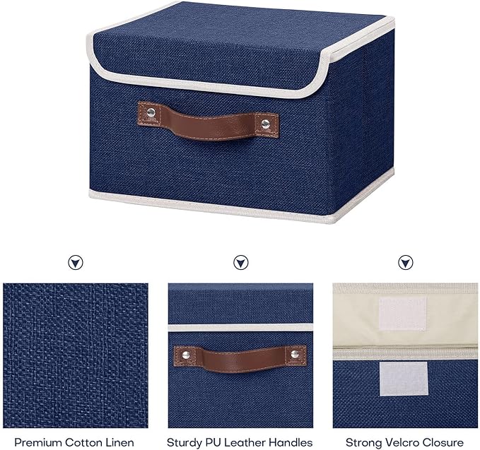 ANMINY Storage Bin with Lid Storage Boxes with PU Leather Handles PP Plastic Board Decorative Foldable Lidded Cotton Linen Fabric Home Cubes Baskets Closet Organizer Container - Blue, Small Size-CubbioJoy