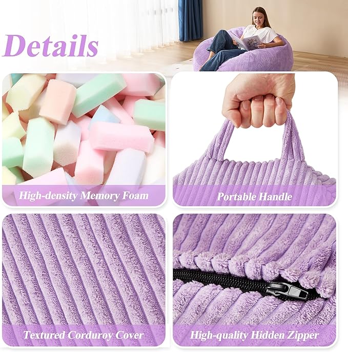 3.5FT Bean Bag Chairs Teardrop Bean Bag Chair for Adults Beanbag Chair with Memory Foam Filled Machine Washable Cover for Living Room, Bedroom (Large,Purple)-CubbioJoy