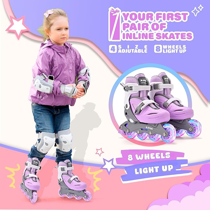2PM SPORTS Inline Skates with Light Up Wheels, Roller Skates Blades for Boys Girls Kids Ages 5-8 8-12 4-6 6-12, Size Adjustable Beginner Blades Roller Skates-CubbioJoy