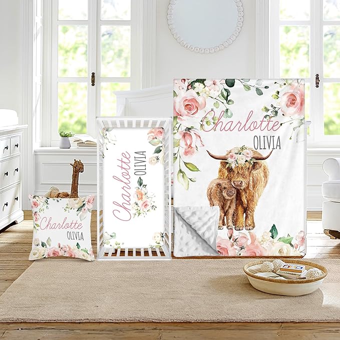 Custom Crib Bedding Set - Highland Cow Design Personalized Name Baby Nursery Bed 3 Pcs Set - Chic Soft Blanket with Dotted Backing, Sheet, Pillowcase for Newborn Girls Boys Gifts Color02-CubbioJoy
