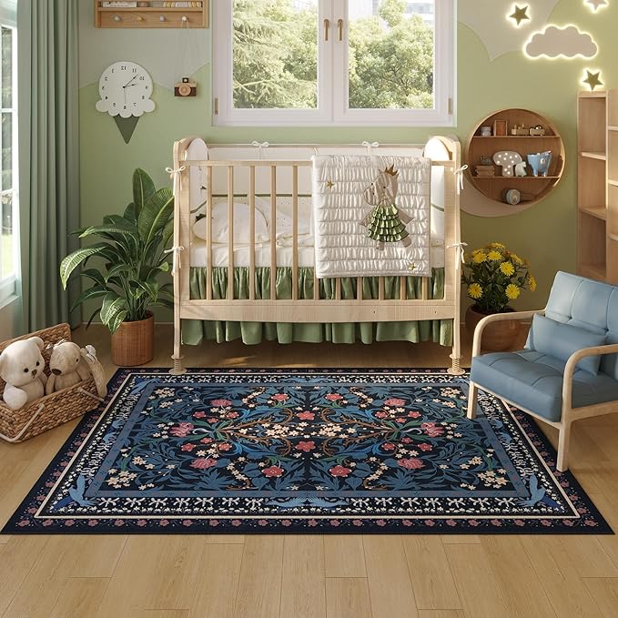 Area Rug 4x6 Rug Washable Vintage Floral Botanical Rugs Non Slip Low Pile Small Carpet for Bedroom, Bedside, Kids Room, Office, Dining Room, Blue-CubbioJoy