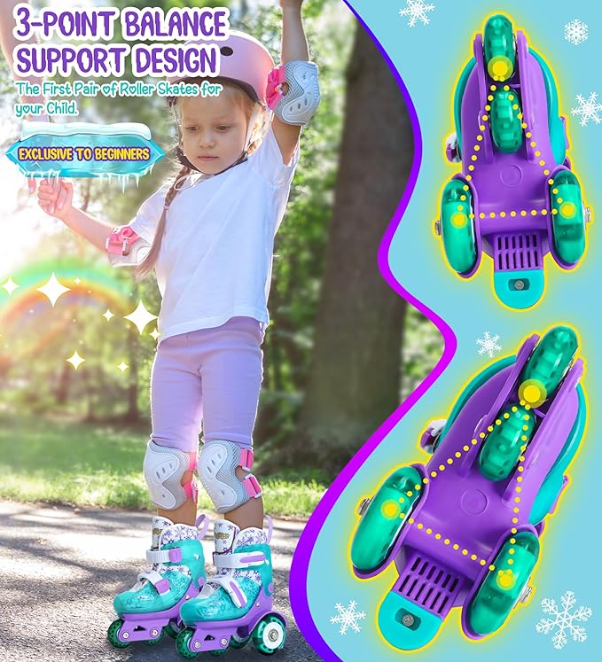 Adjustable Roller Skates for Kids Girls Ladies with Light Up Flash LED Wheels(Age 3-9),Three-Point Type Balance,Gift Box Packing for Toddlers,Children-CubbioJoy