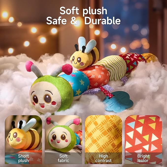 TUMAMA Baby Toys for 0, 3, 6, 9, 12 Months,Caterpillar Sensory Toys,Infant Baby Stuffed Animal Activity Soft Toys with Teether, Tummy Time Sensory Toys,Newborn Infant Sensory Toys Birthday Gifts-CubbioJoy