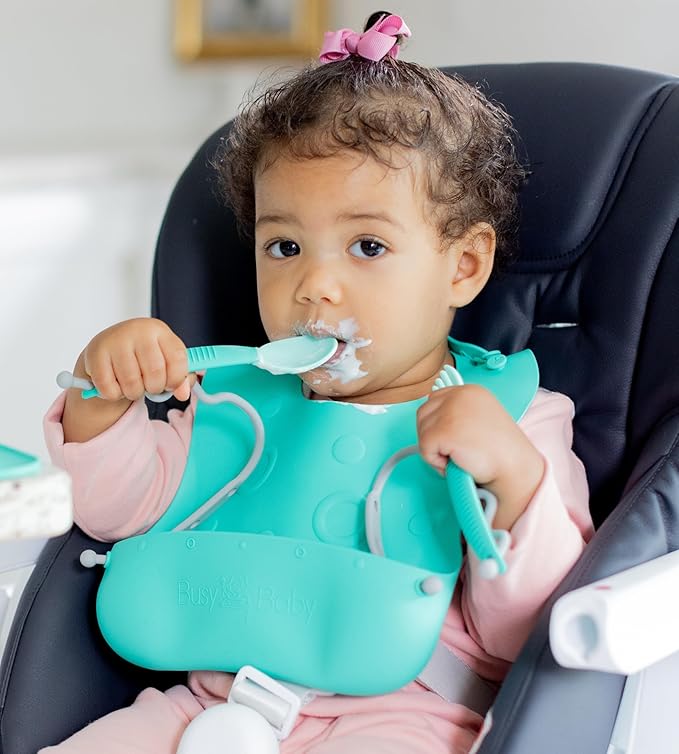 BUSY BABY Bungee Bib & Utensil Set – Adjustable Silicone Bib with Pocket & Tethered Utensils for Babies & Toddlers-CubbioJoy
