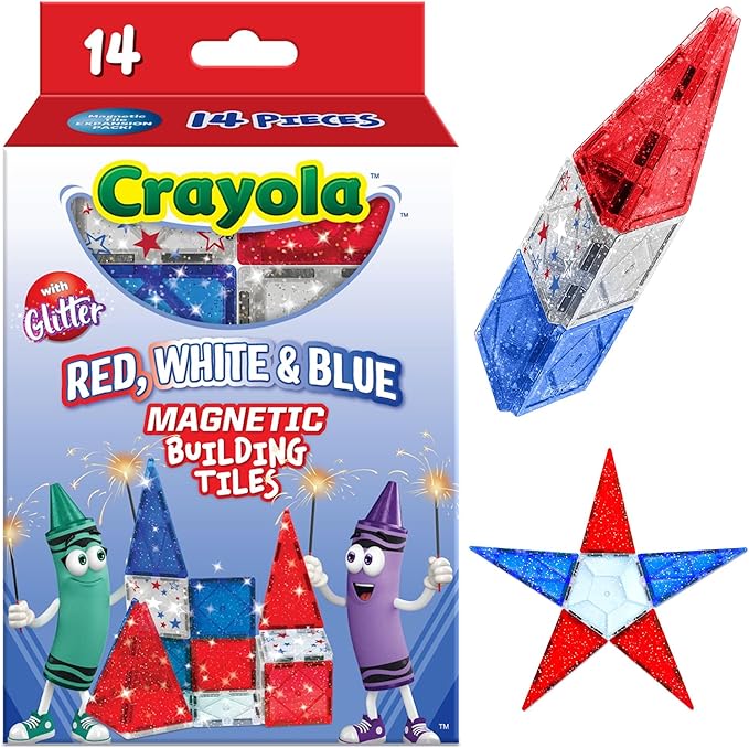 CreateOn Crayola Red, White & Blue Magnetic Tiles 14pc, Building Set for Kids, Magnetic Toy, Travel Toys, Classroom Sensory Toy Blocks, STEM & Montessori Tools for Boys & Girls Ages 3+, 14-Piece Set-CubbioJoy
