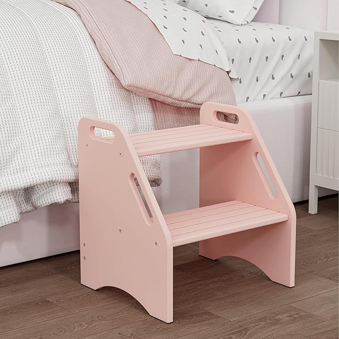 AMBIRD Wooden Kids Step Stool, 15.75'' H Potty Training Toddler 300 lbs Capacity with Safety Non-Slip Pads and Handles, Kitchen Step Stools for Kids, Bamboo Step Stool for Bathroom, High Beds (Pink)-CubbioJoy