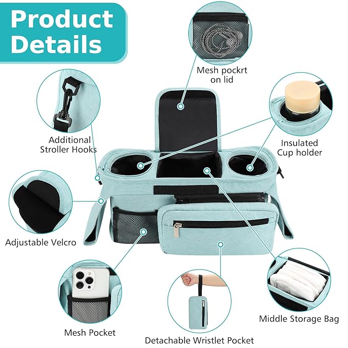 Accmor Universal Stroller Organizer with Insulated Cup Holder Detachable Phone Bag and Shoulder Strap,Stroller Bag Caddy Organizer Accessories Fits for Uppababy, Baby Jogger, Britax Strollers-CubbioJoy