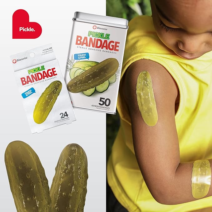 BioSwiss Bandages, Pickle Shaped Self Adhesive Bandage, Latex Free Sterile Wound Care, Fun First Aid Kit Supplies for Kids, 50 Count-CubbioJoy