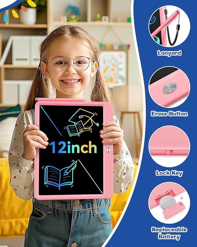 Bravokids 12 Inch LCD Writing Tablet for 3 Year Olds - Electronic Drawing Pad and Doodle Board as Educational Birthday Gifts for Girls and Boys (Pink)-CubbioJoy