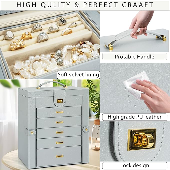 AKOZLIN Large Jewelry Box Organizer Functional Lockable with Big Mirror, Leather Jewelry Storage Case for Women Girls Ring Necklace Earring Bracelet Holder Organizer Grey-CubbioJoy