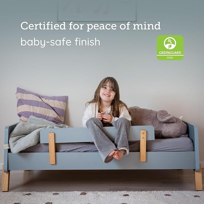 dadada Muse Blue Toddler Bed with 2 Removable Safety Rails. Low Profile Montessori Bed. Sturdy Solid Wood Frame, Fits Standard Crib Mattress, Easy to Assemble, Toddler Bed for Boys & Girls - Blue-CubbioJoy