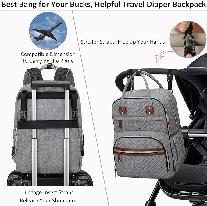 Diaper Bag Backpack for Women with Changing Pad, Baby Bag with Insulated Pockets Multifunctional Diaper Bags For Baby Girl Boy Waterproof Baby Bags For Boys Girls Maternity Bag Grey-CubbioJoy