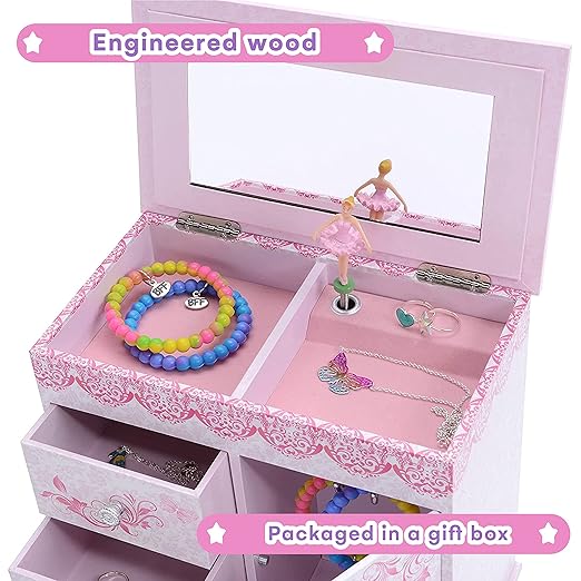 Jewelkeeper - Ballerina Jewelry Box for Girls with 3 Pullout Drawers - Ballerina Music Box with Swan Lake Tune - Ballet Slipper Design - Jewelry Storage Organizer for Necklaces and Bracelets-CubbioJoy