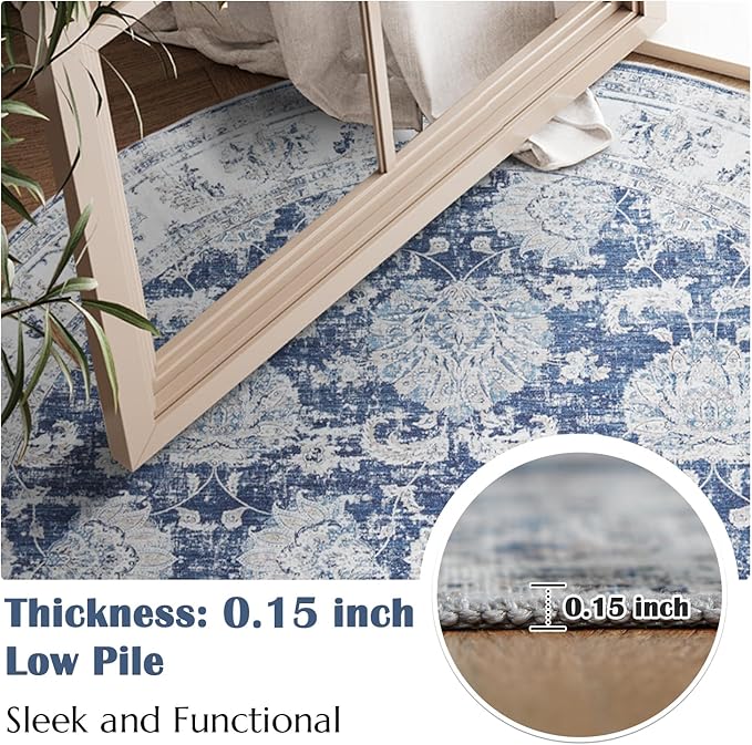 jinchan Round Rug 4ft Area Rugs Vintage Floral Distressed Design - Machine Washable Non-Slip Low-Pile Ultra-Thin Circle Rug for Entryway Bedside Living Room Dining Room Bedroom (4' Round,Dark Blue)-CubbioJoy